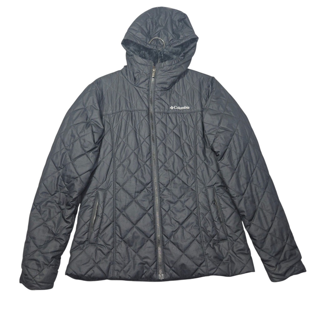 Columbia Quilted Hooded Jacket Fleece Lined Insulated Black Sz M XK1191